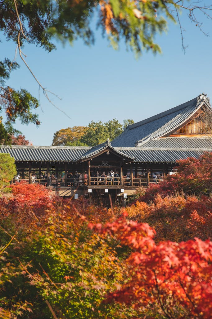 Asian temple in fall near bushes