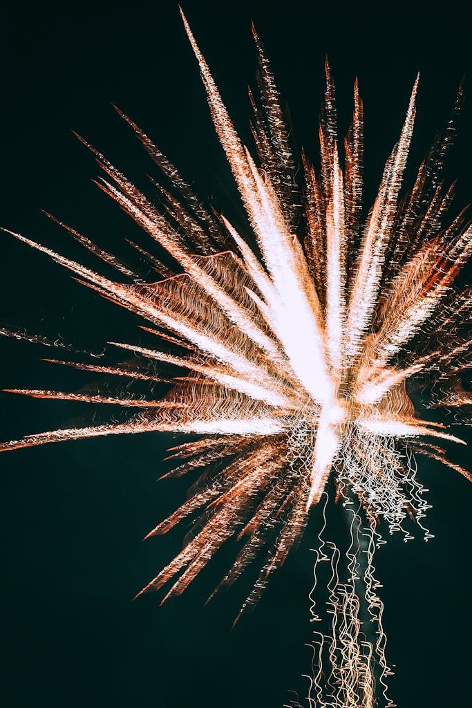 Glowing bright fireworks in dark sky